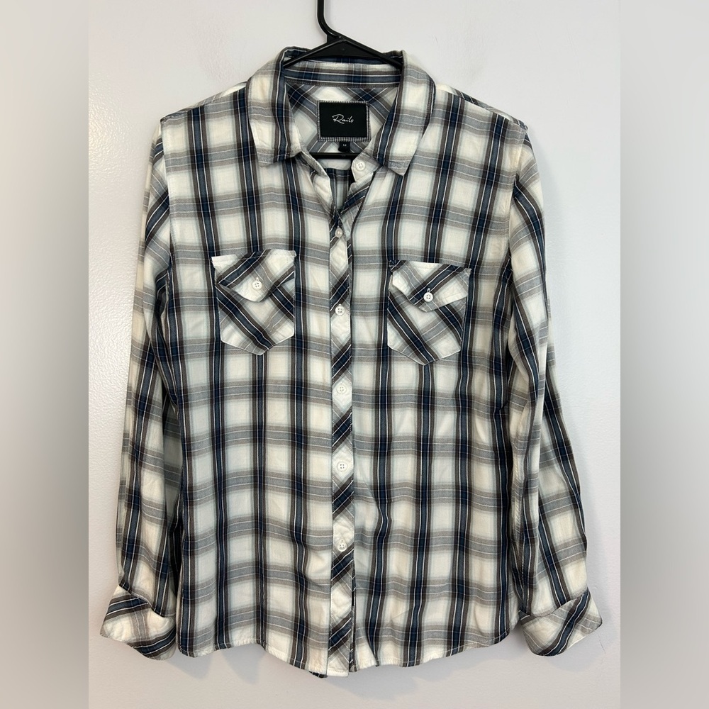 Rails Button Down Rayon Western Collared Shirt White/Blue/Brown Size Medium